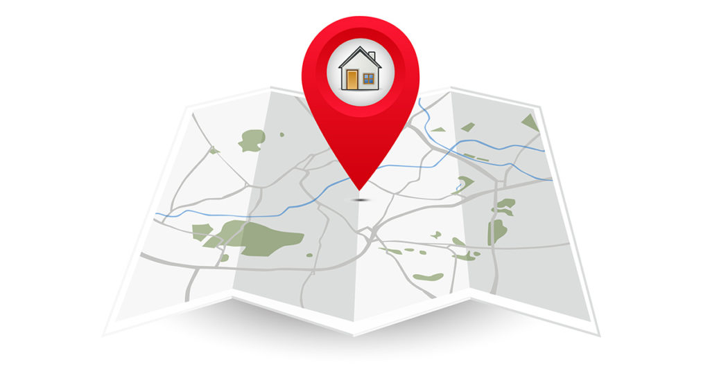 Eine rote Ortsmarkierung zeigt auf einer Karte, wo sich eine Immobilie befinden soll | Immobilie finden
