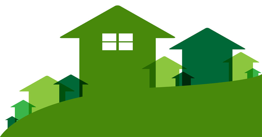 Collage aus gemalten Häusern in verschiedenen Grüntönen - Immobilienbau